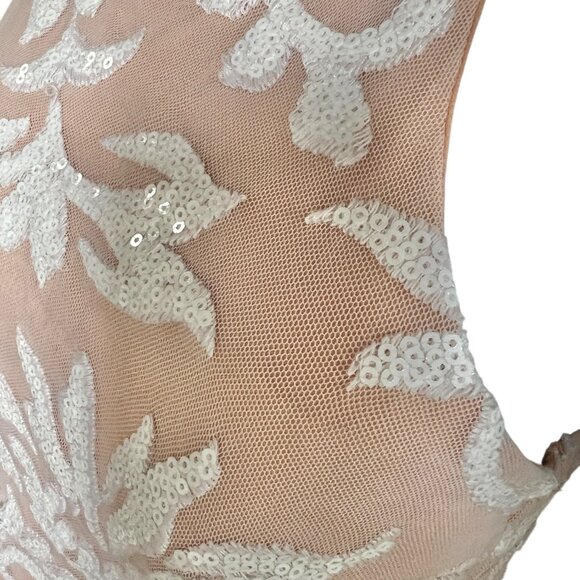 Jodi Kristopher Peach Dress w/ White Floral Sequin Overlay Womens Size 9 Lined - Picture 13 of 13